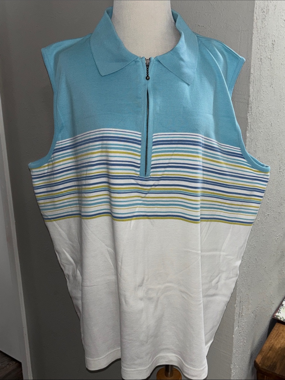 Christopher & Banks Light Blue, White & Yellow Striped Zip-Front Sleeveless (NWT